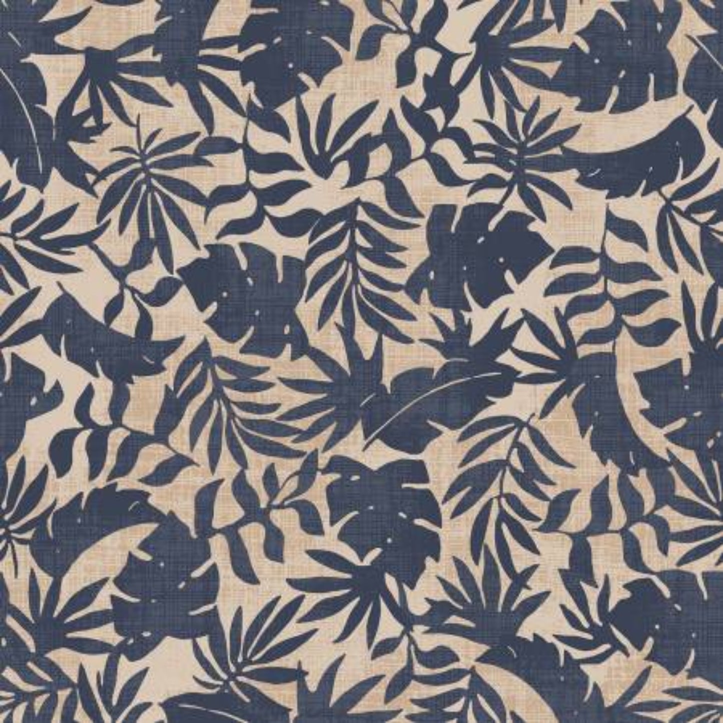 Breezeway by Maywood Studio, Textured Palms Blue/Cream quilting cotton — flat lay showing warm cream ground with subtle linen texture and bold navy-blue silhouette tropical palm fronds and monstera leaves in an all-over tossed arrangement, 100% cotton 43–44" wide