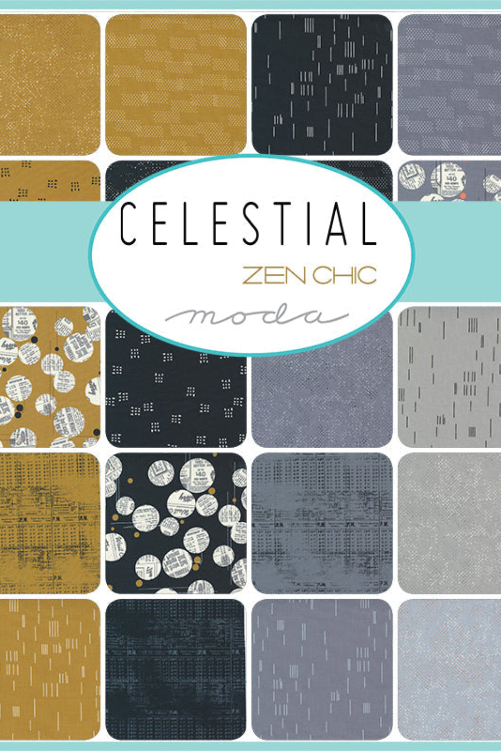 Celestial collection by Zen Chic for Moda Fabrics – dark colorway fabrics in black, gold and grey featuring newspaper circles, strokes and texture prints