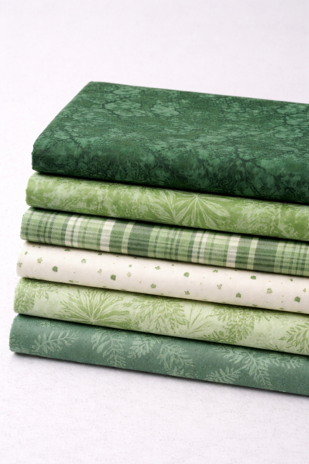 Expressions Batiks Hand-Dyed Evergreen Bolt B – Pinterest coordination stack with 5 complementary fabrics stacked vertically on light grey background