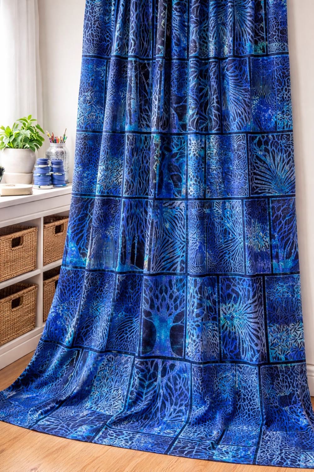 Vertical view of Halcyon II Blue Woodblock quilting cotton - bold geometric woodblock pattern ideal for contemporary quilts and borders
