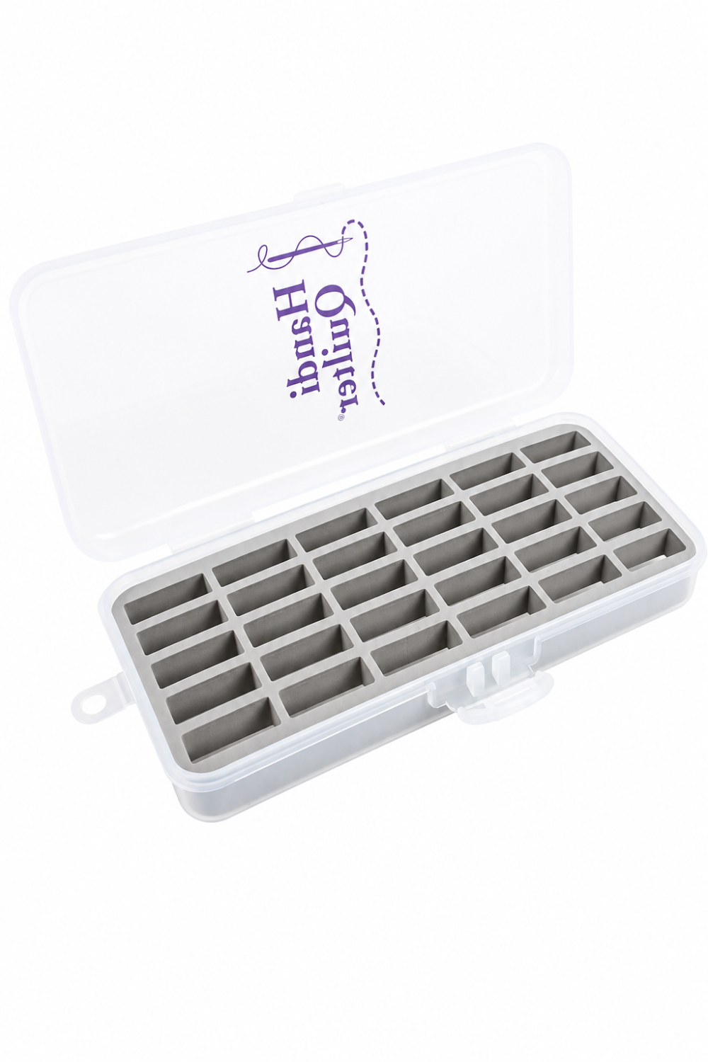 Handi Quilter Bobbin Box — compact clear-lidded bobbin storage organizer holds 30 M & L class bobbins, gray and white plastic — available at IraRobi Quilts