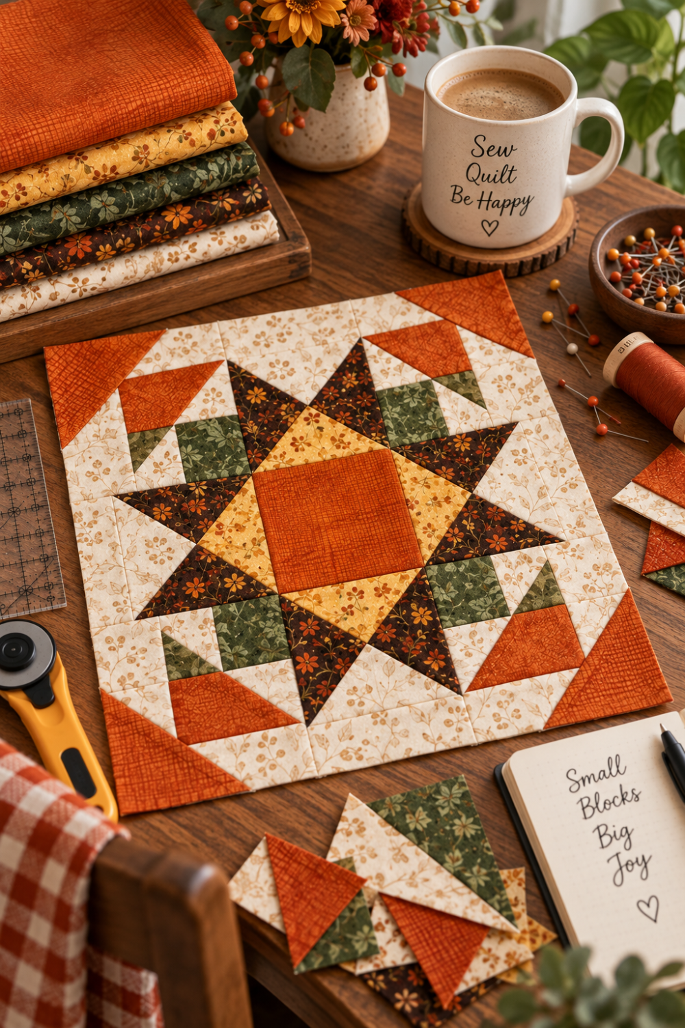 Interwoven Pumpkin Fabric by Jason Yenter for In The Beginning Fabrics as the center square and corner triangles in a Lone Star quilt block on a sewing table, with coordinating autumn prints, rotary cutter, and "Sew Quilt Be Happy" mug. Quilt blocks shown for inspiration. Coordinating fabrics and quilt patterns are available at IraRobi Quilts.