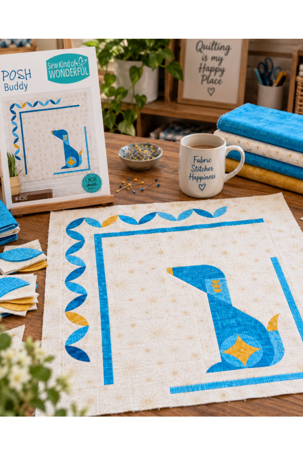 Interwoven Deep Sky Fabric by Jason Yenter for In The Beginning Fabrics used in the curved pieced dog, sashing, and vine border of a Posh Buddy quilt block in progress on a wooden sewing table — vivid bright sky blue crosshatch tonal with gold accent pieces on a cream background. Quilts shown for inspiration feature the Posh Buddy Quilt Pattern by Sew Kind of Wonderful, designed for use with the QCR Mini Ruler — available at IraRobi Quilts.