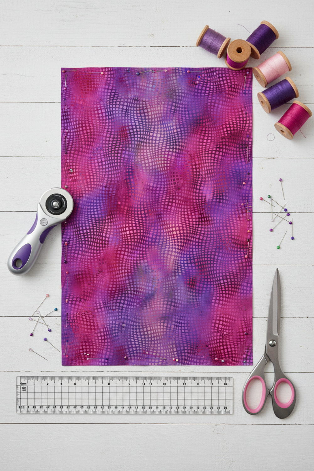 Impressions Magenta Dots quilting cotton styled on cutting mat with quilting tools – lifestyle shot for quilters