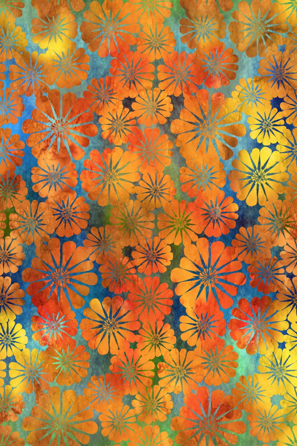 Impressions Gold Daisies fabric by Jason Yenter for In The Beginning Fabrics – vivid orange, gold, and yellow daisy/zinnia blooms on rich teal-blue watercolor ground, perfect for blender and focal quilt projects, 100% cotton, 3 yard cut