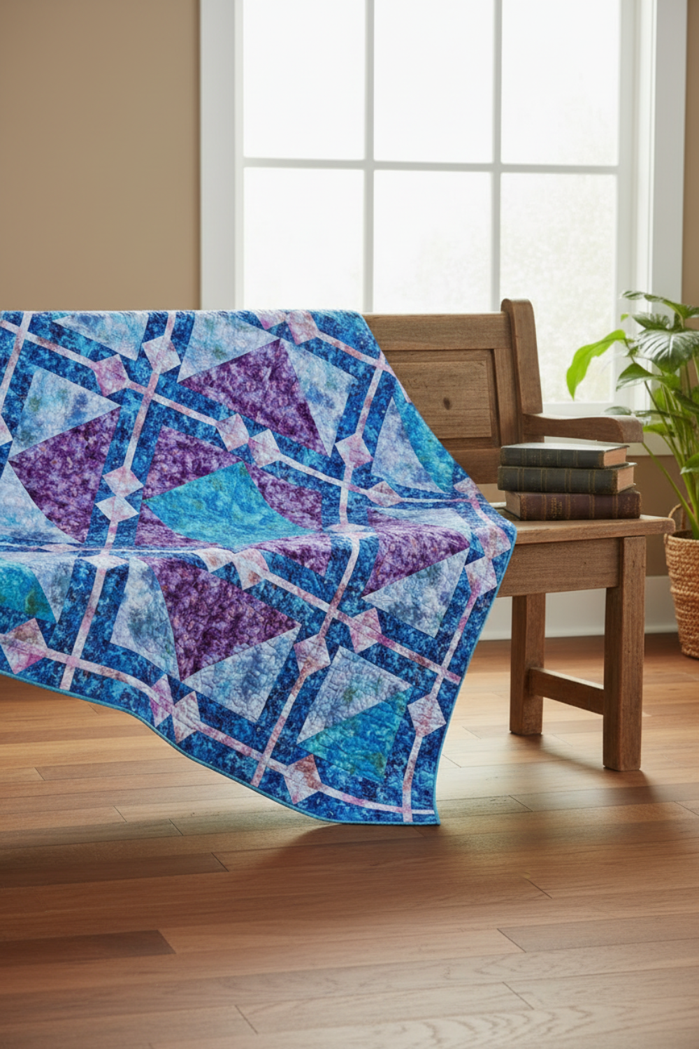 Fire & Ice quilt draped over wooden bench showing scale and softness