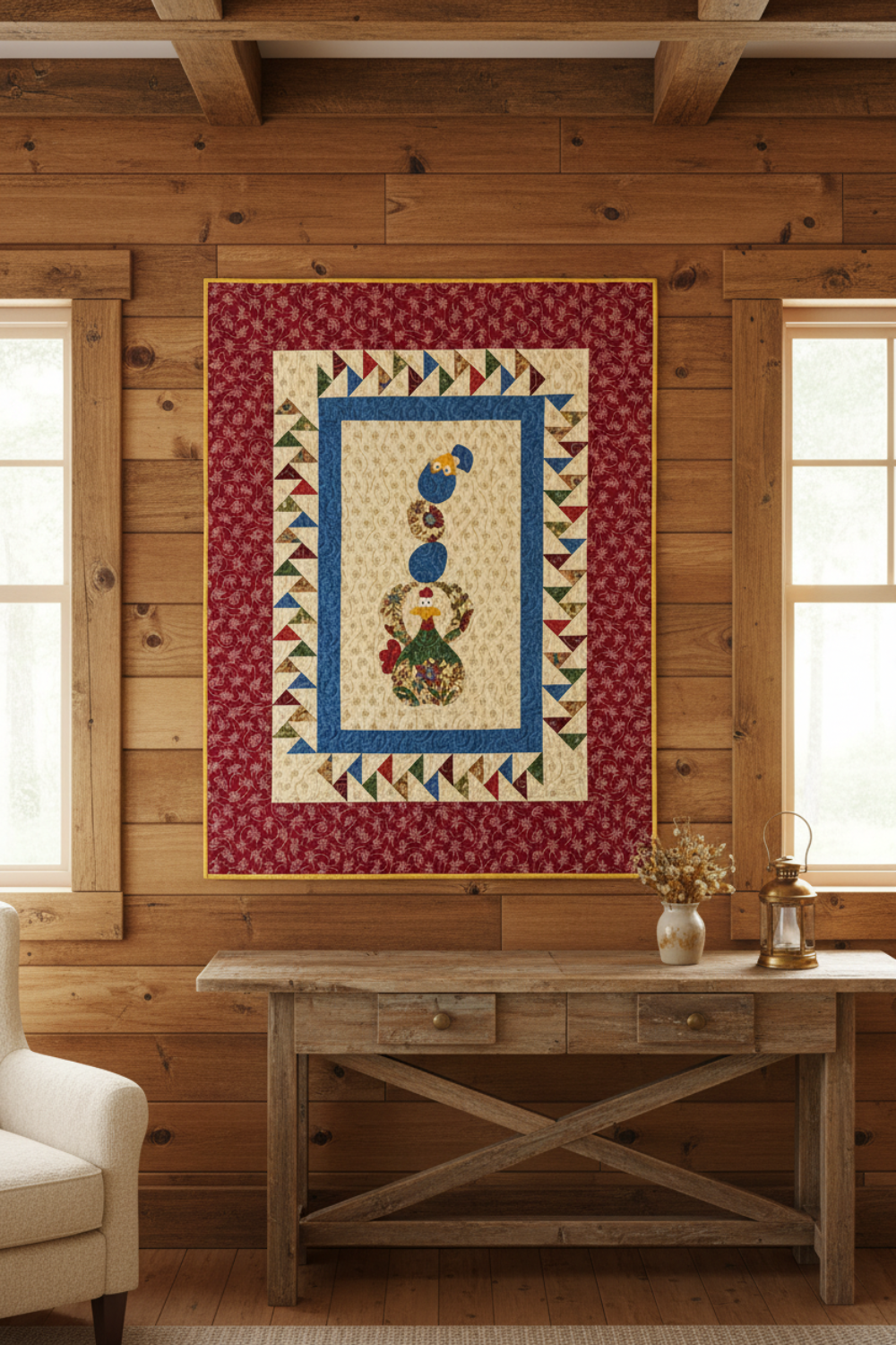 Quilt hanging on a wooden wall above a rustic table.