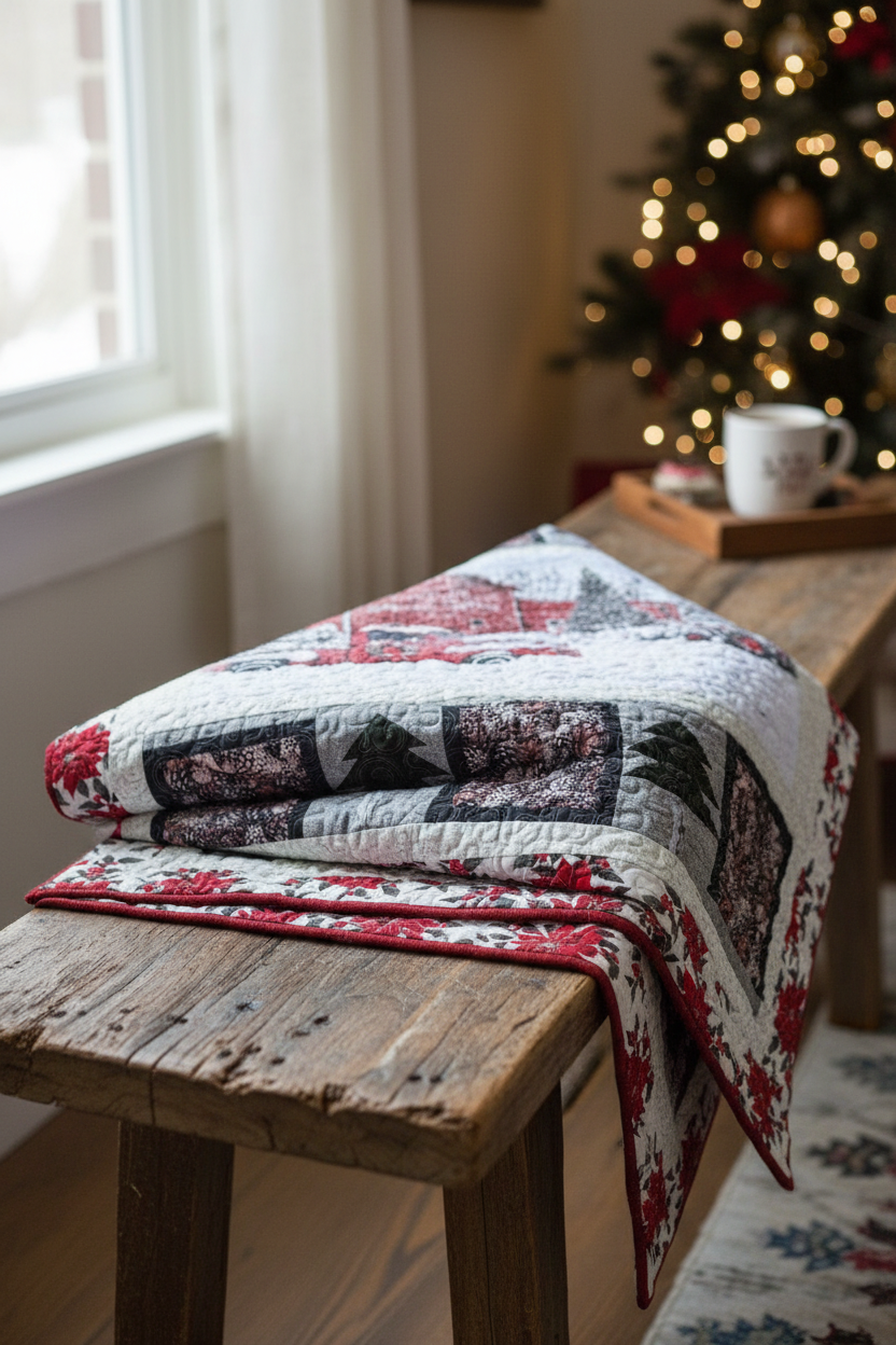 Folded Tree Farm quilt on wooden bench, highlighting poinsettia border, pinecone blocks, and cozy holiday design.