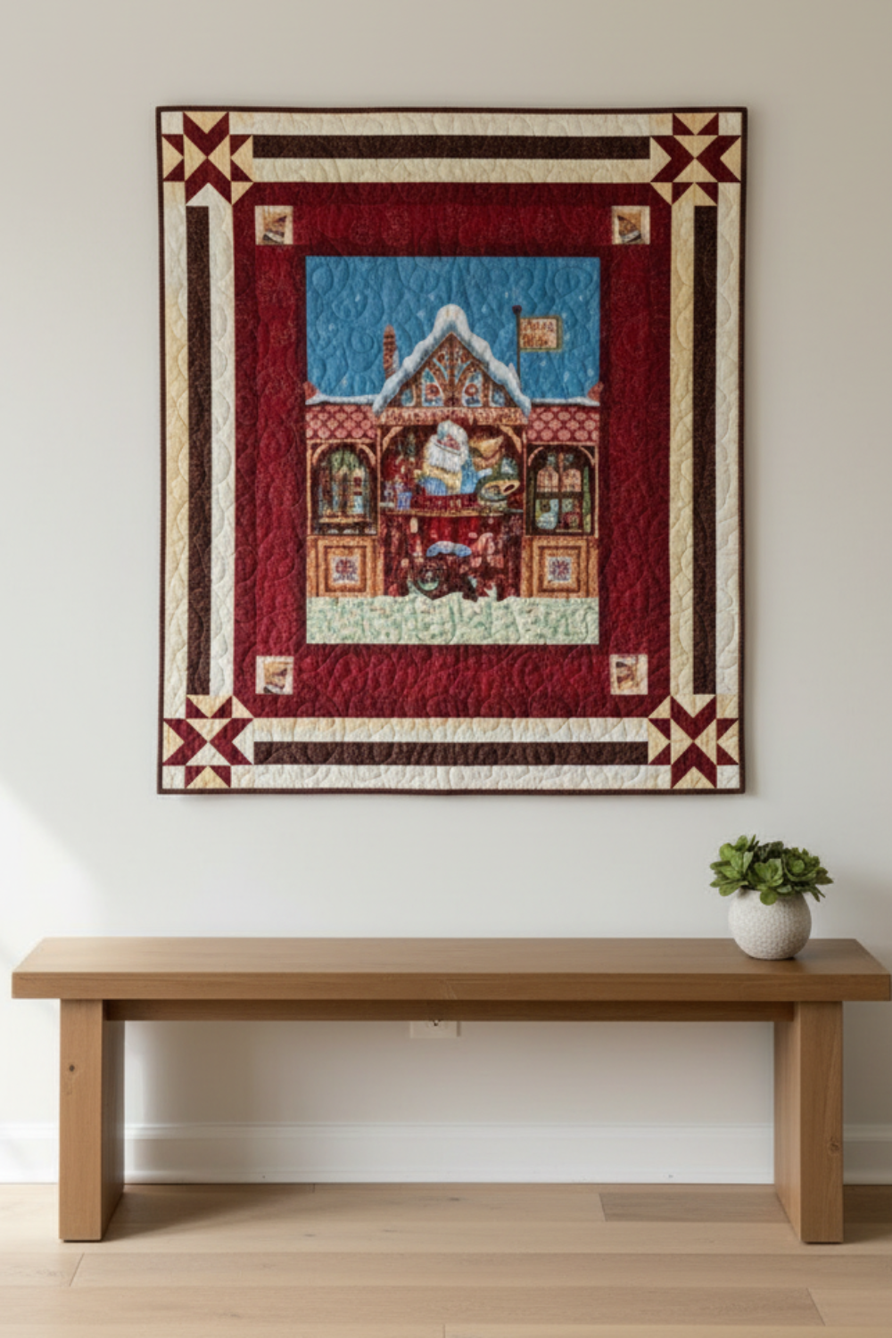 Festive handmade Christmas quilt with Santa working in his North Pole workshop, rich red borders, and classic holiday details.