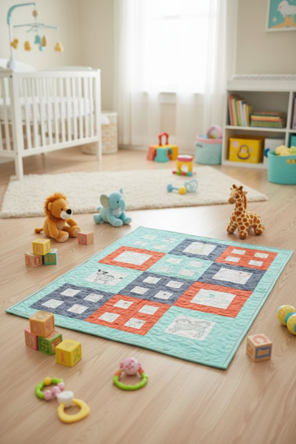 Children's room with a colorful quilt on the floor, toys around, and a crib in the background.