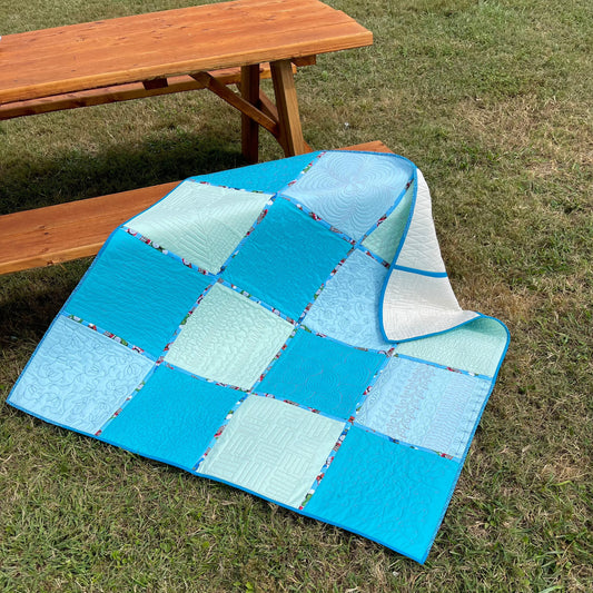 Picnic Quilt - Dark blue, Light Blue and Green – quilts & comforters – colorful textile design