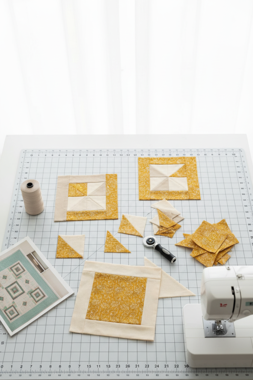 Vertical view of Prism II Yellow Blooms quilting cotton - kaleidoscopic floral pattern ideal for contemporary quilts and statement borders