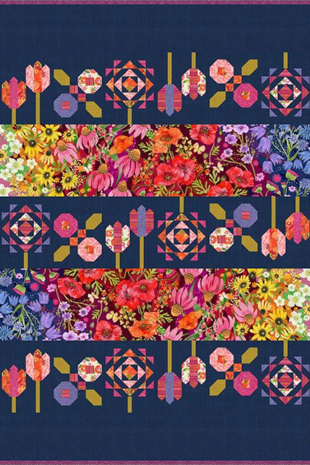 Superbloom, Quilt Kit (Thatched Navy - dark background) – quilt kit – floral pattern