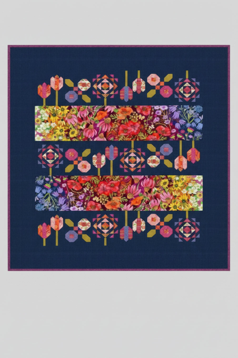 Colorful floral and geometric pattern on a dark blue background