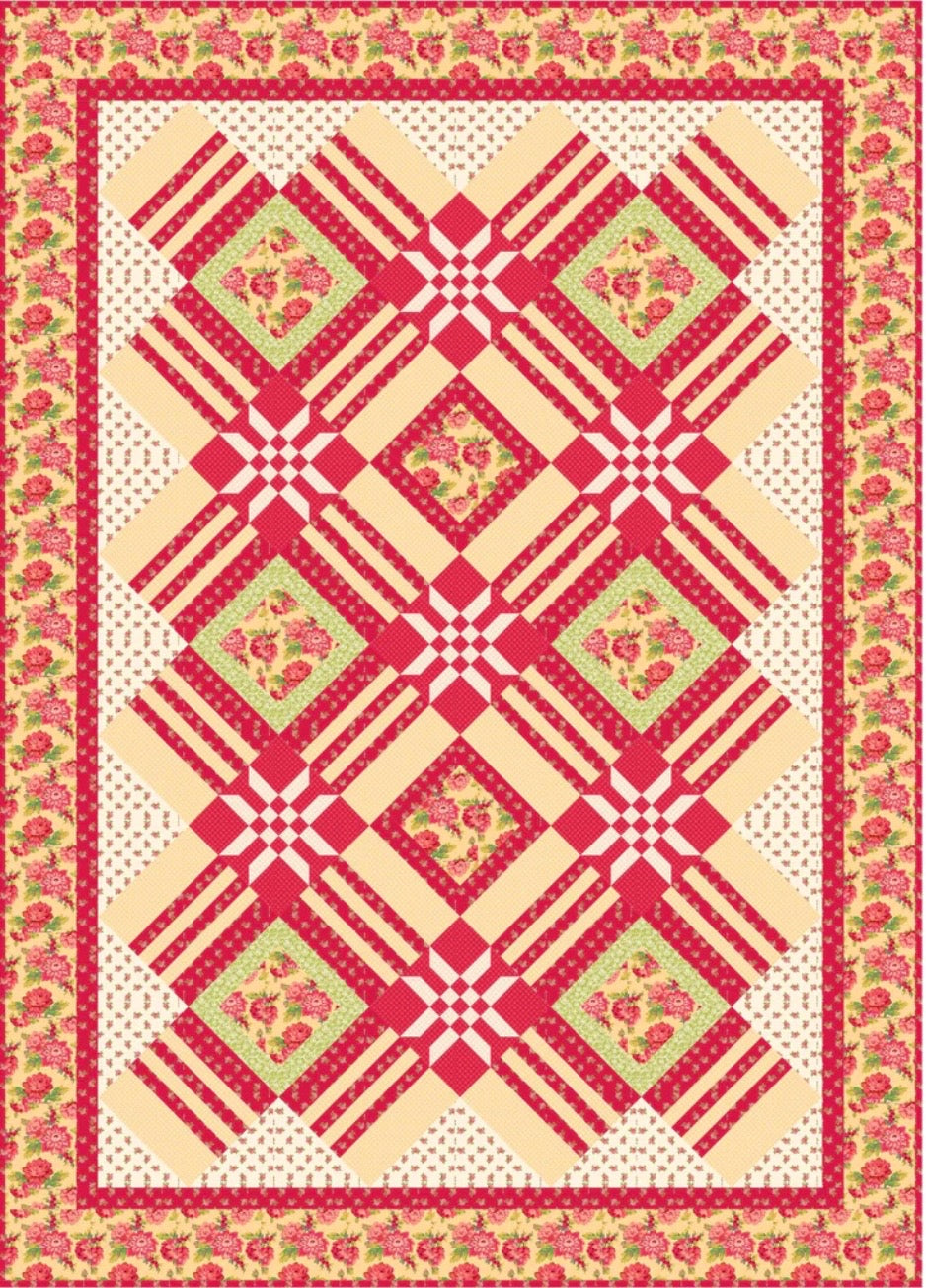 Quilt with geometric pattern featuring red, green, and beige colors on a white background