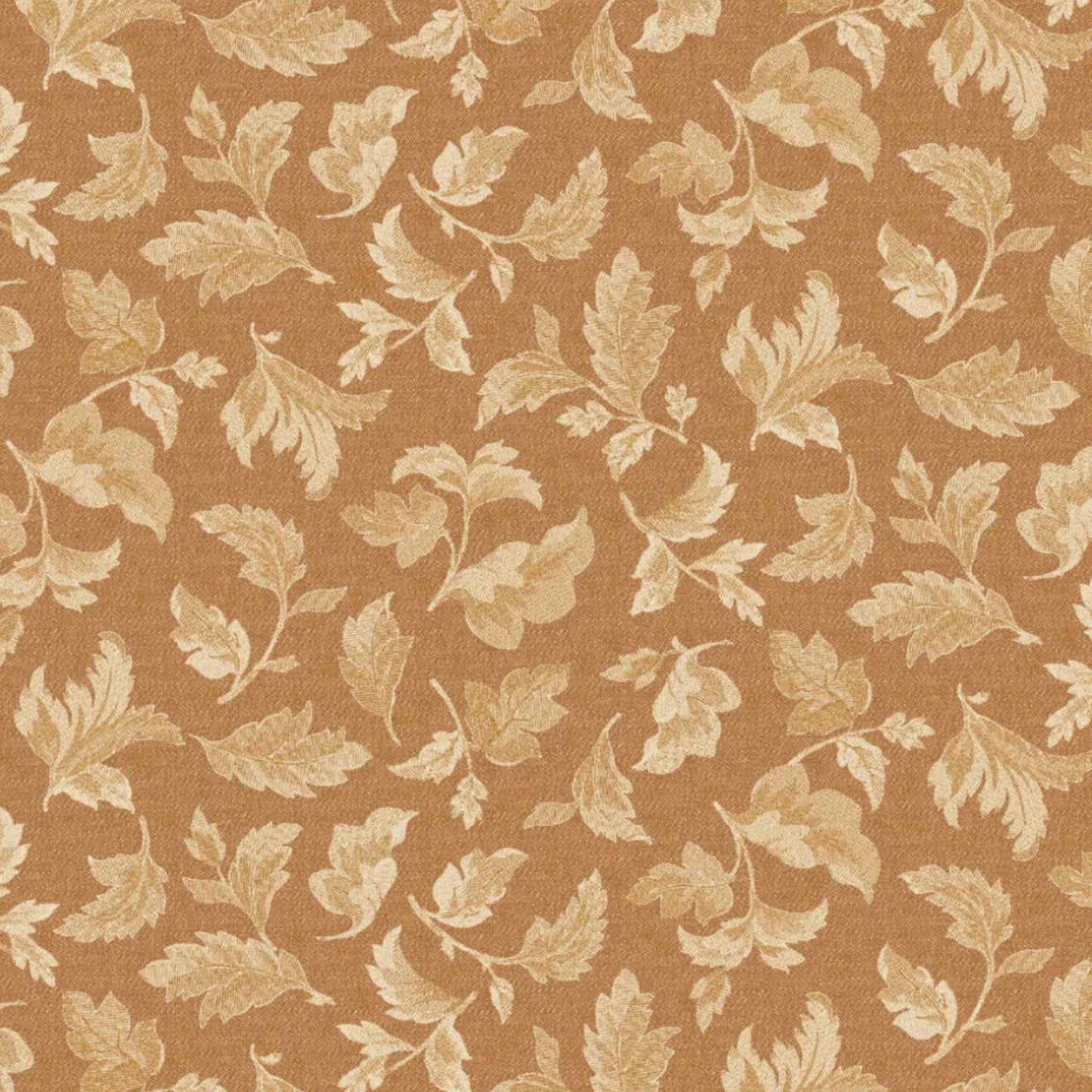 Front Porch by Dolores Smith, Swing Rust quilting cotton for Marcus Fabrics — flat lay showing warm rust-amber ground with all-over tossed scrolling acanthus and oak leaf motif in cream and light gold, 100% cotton 43–44" wide