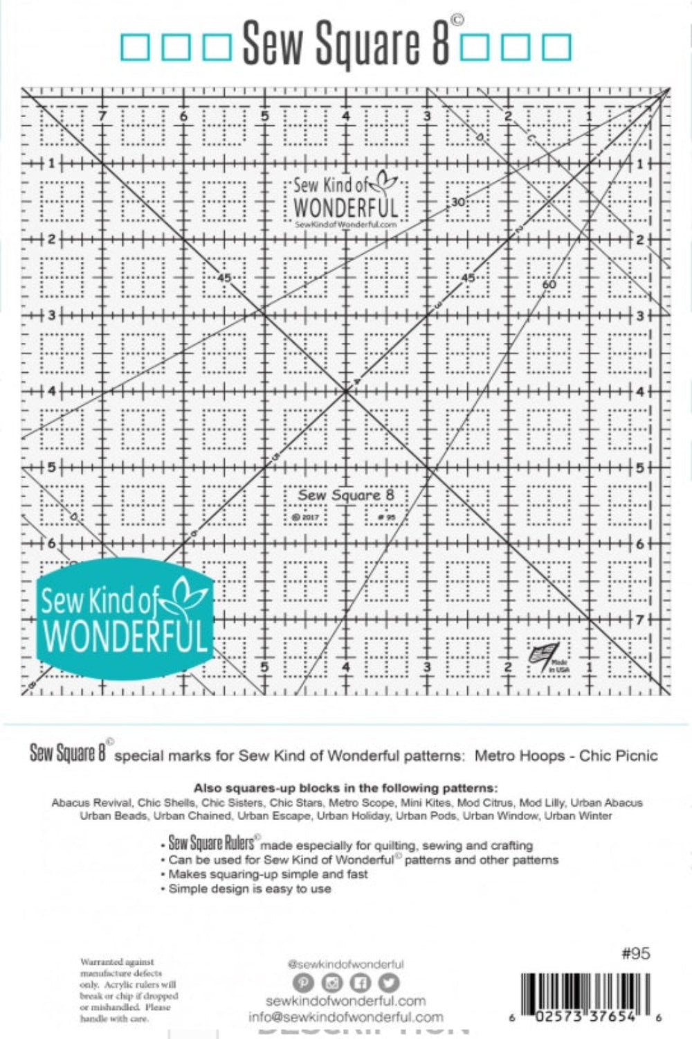 Sew Square 8 ruler packaging showing square up uses for quilt patterns