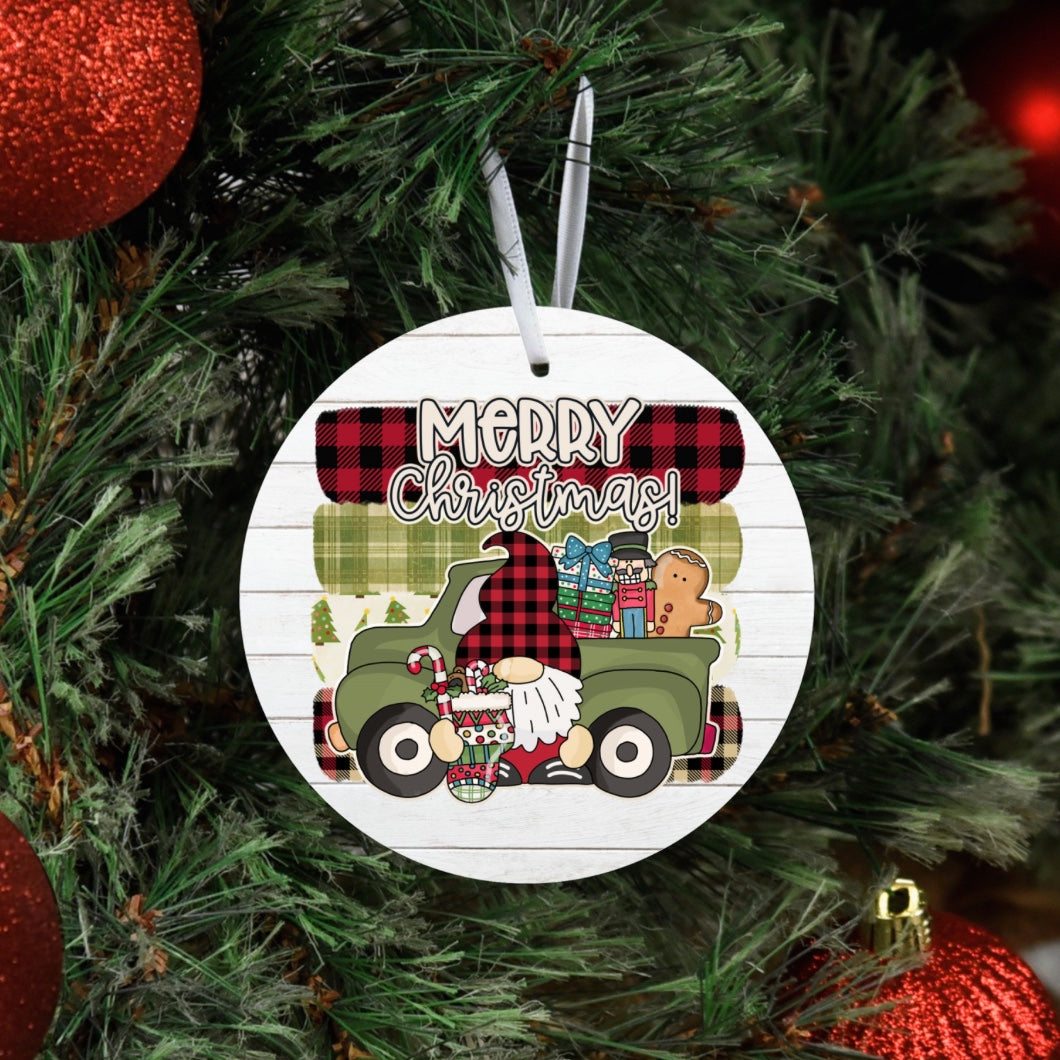 Merry Christmas Gnome Metal Ornament – ornament – colorful textile design