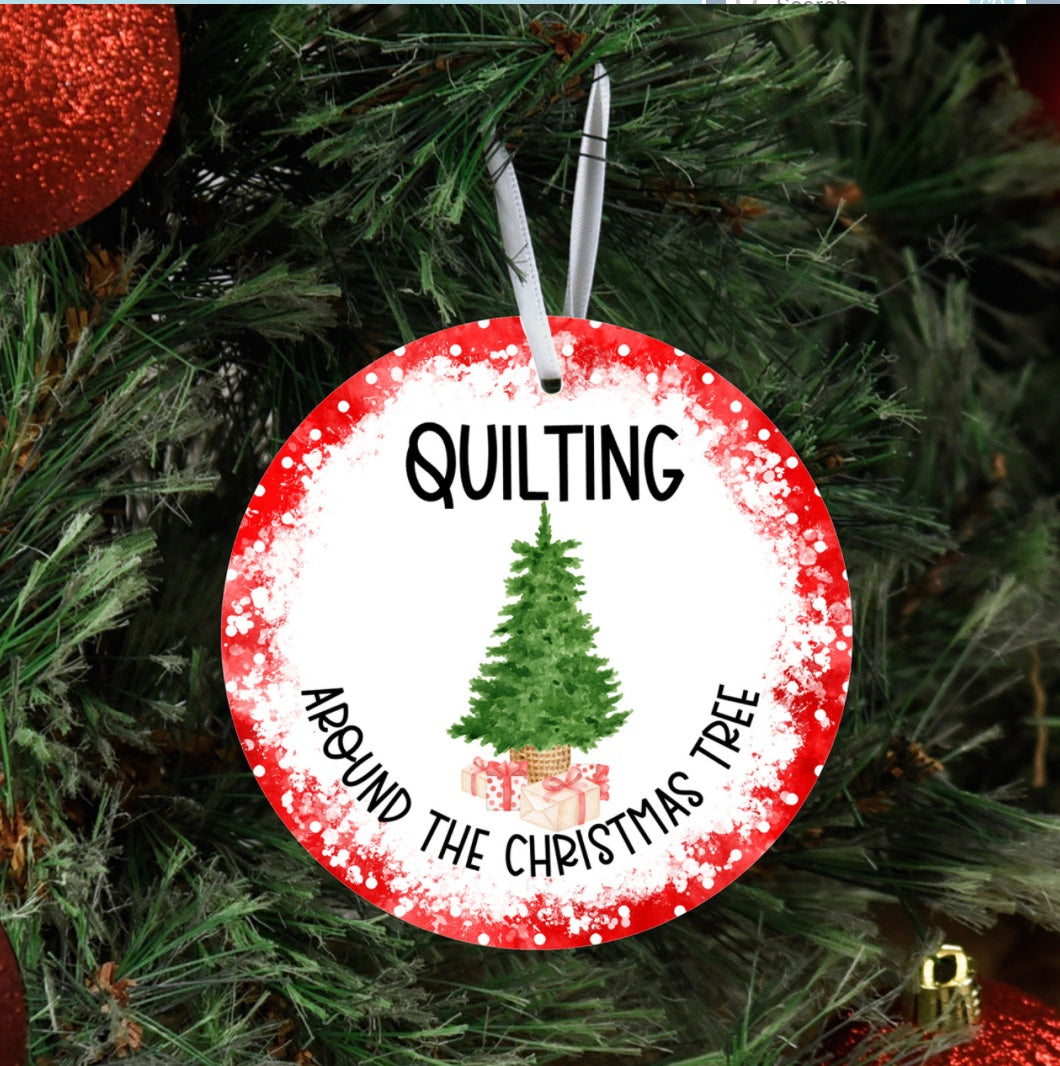 Quilting Around the Christmas Tree Metal Ornament – ornament – colorful textile design
