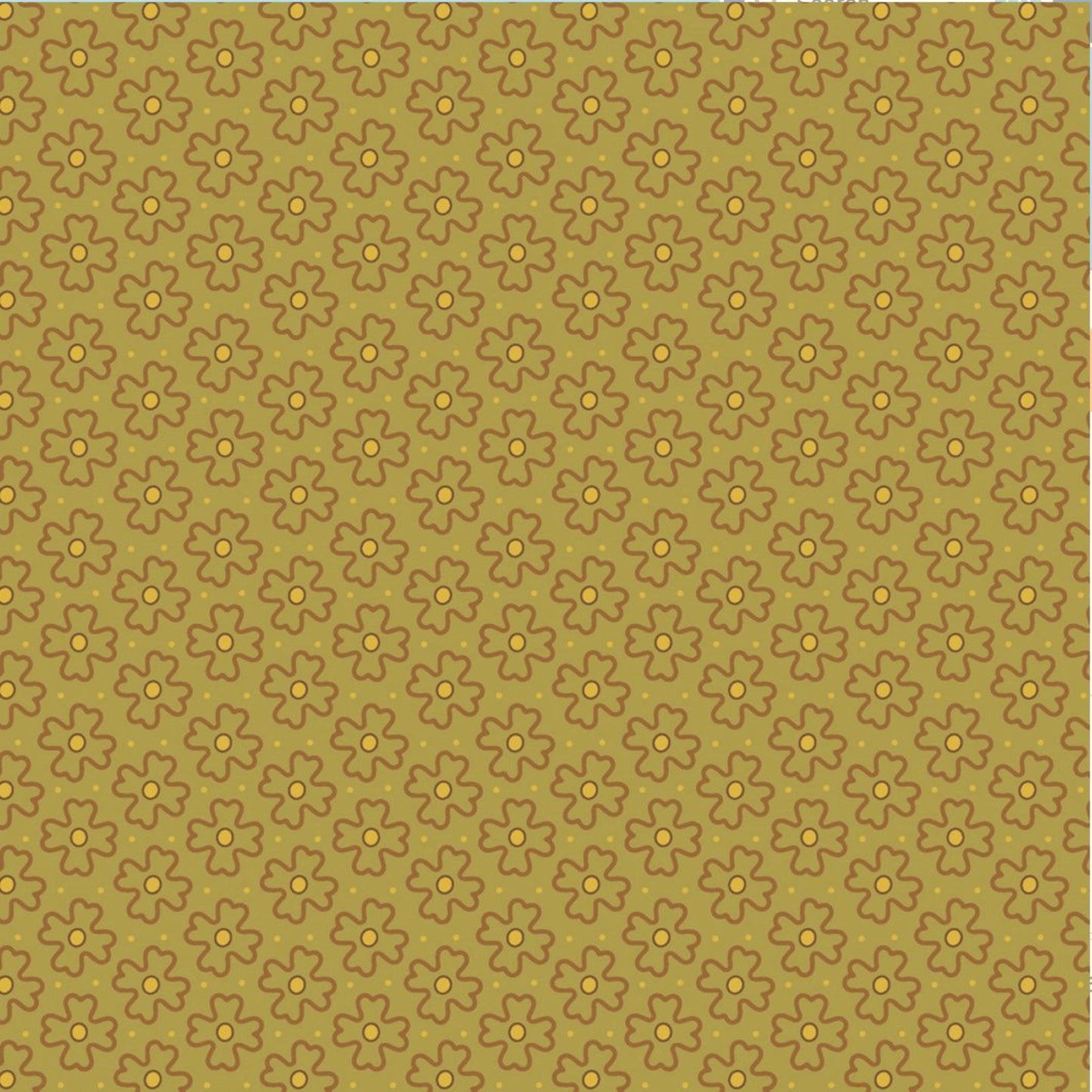 Golden Era by Paula Barnes, Wavy Daisy Green quilting cotton for Marcus Fabrics — flat lay showing soft sage-olive green ground with all-over tossed wavy-outline daisy motif in brown-taupe with yellow-gold centers and tiny gold dot accents, 100% cotton 43–44" wide