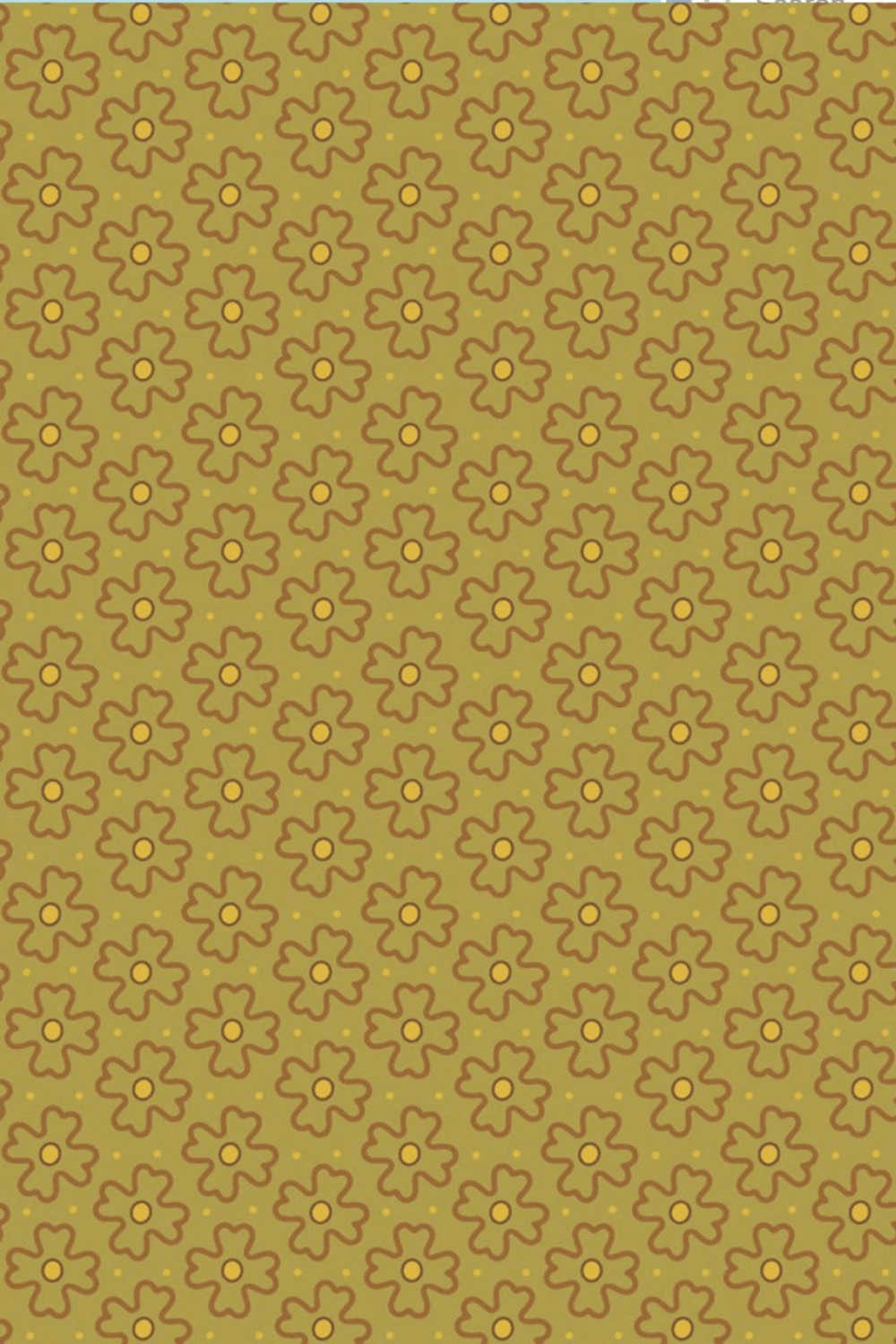 Close-up of Golden Era Wavy Daisy Green fabric by Paula Barnes, showing tossed brown-taupe daisy outlines, yellow-gold centers, and tiny gold dot accents on sage-olive cotton.