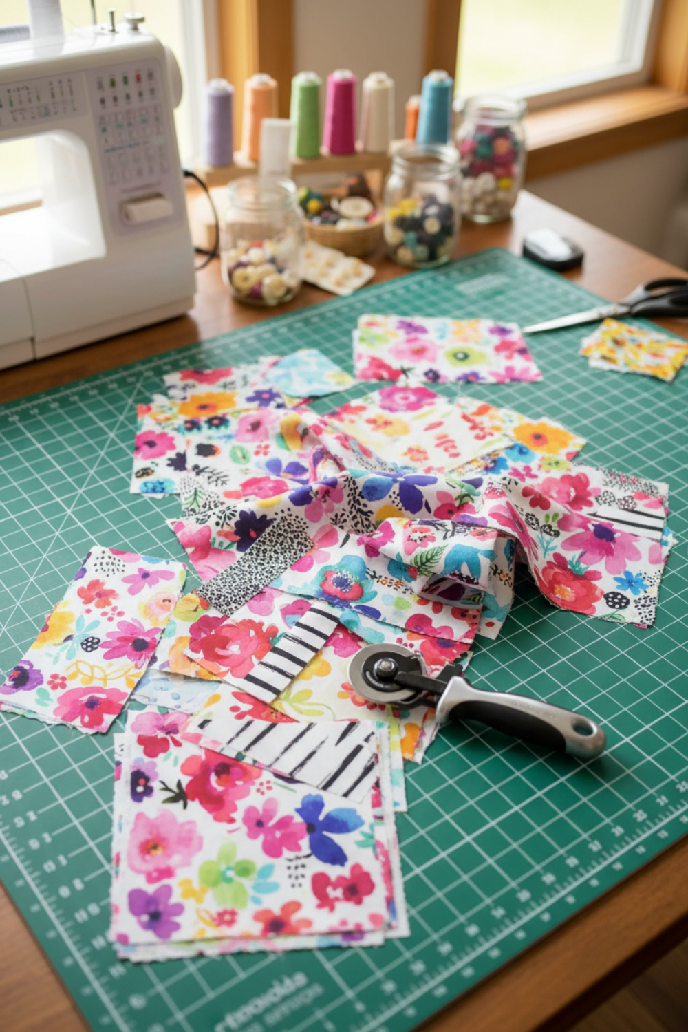 Playgrounds charm pack 5" squares by Amarilys Henderson for Moda Fabrics spread on green cutting mat with rotary cutter – vibrant watercolor floral and abstract prints ready to sew, sewing machine and thread spools in background
