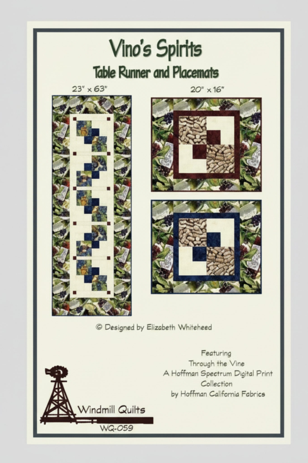 Advertisement for Vino's Spirits table runner and placemats with quilt designs on a white background.