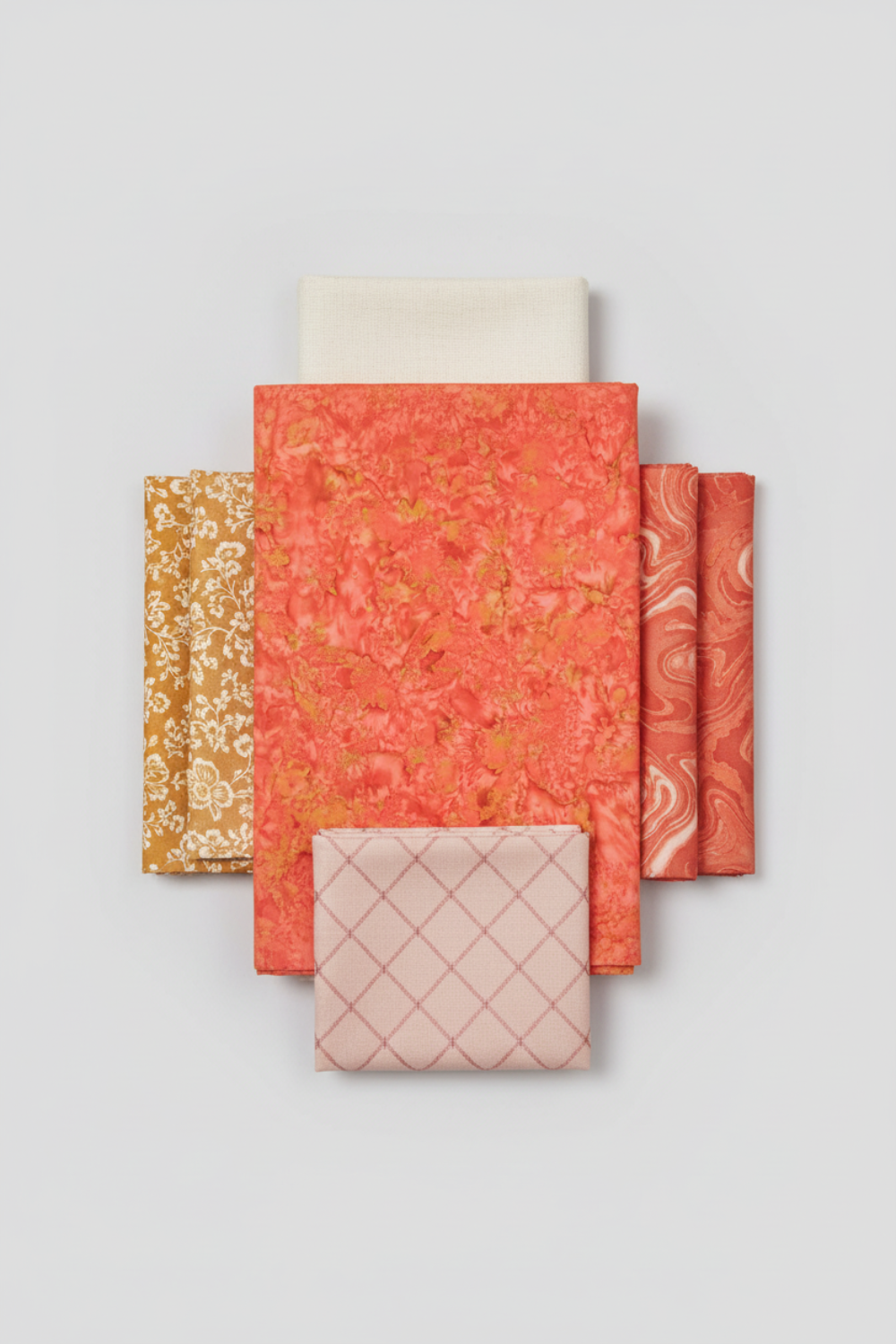 Expressions Batiks Hand-Dyed Salamander – Pinterest coordination stack with 6 complementary fabrics layered on flat surface on light grey background