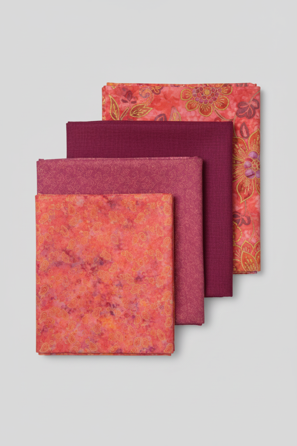 Expressions Batiks Hand-Dyed Bouquet – Pinterest coordination stack with 4 complementary fabrics layered on flat surface