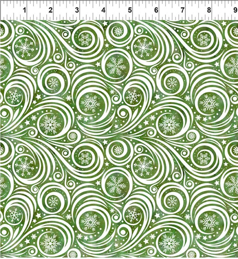 Winter Solstice II Green on White Snow Swirl – fabric – colorful textile design