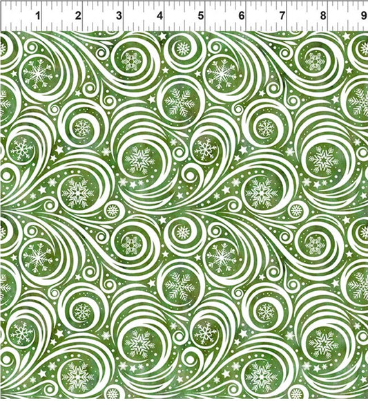 Winter Solstice II Green on White Snow Swirl – fabric – colorful textile design