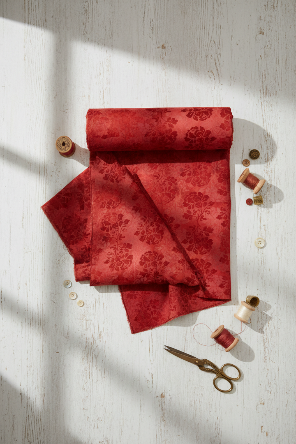 Prism Orange Rose quilting cotton styled on cutting mat - lifestyle shot for quilters