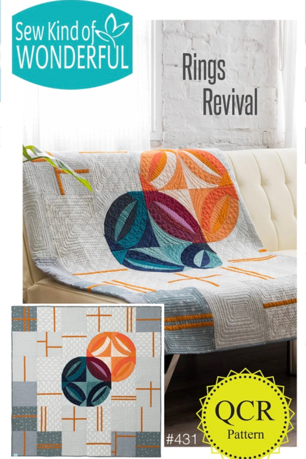 Quilt with geometric pattern on a bed, featuring 'Sew Kind of Wonderful' branding.