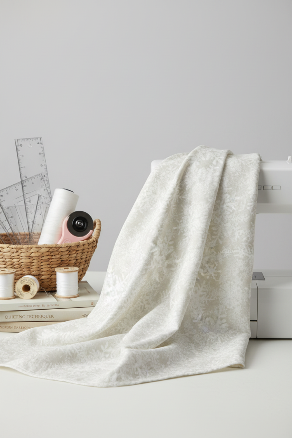 Pleated NYSNO White Snowflakes quilting cotton fabric highlighting texture, drape, and winter snowflake pattern