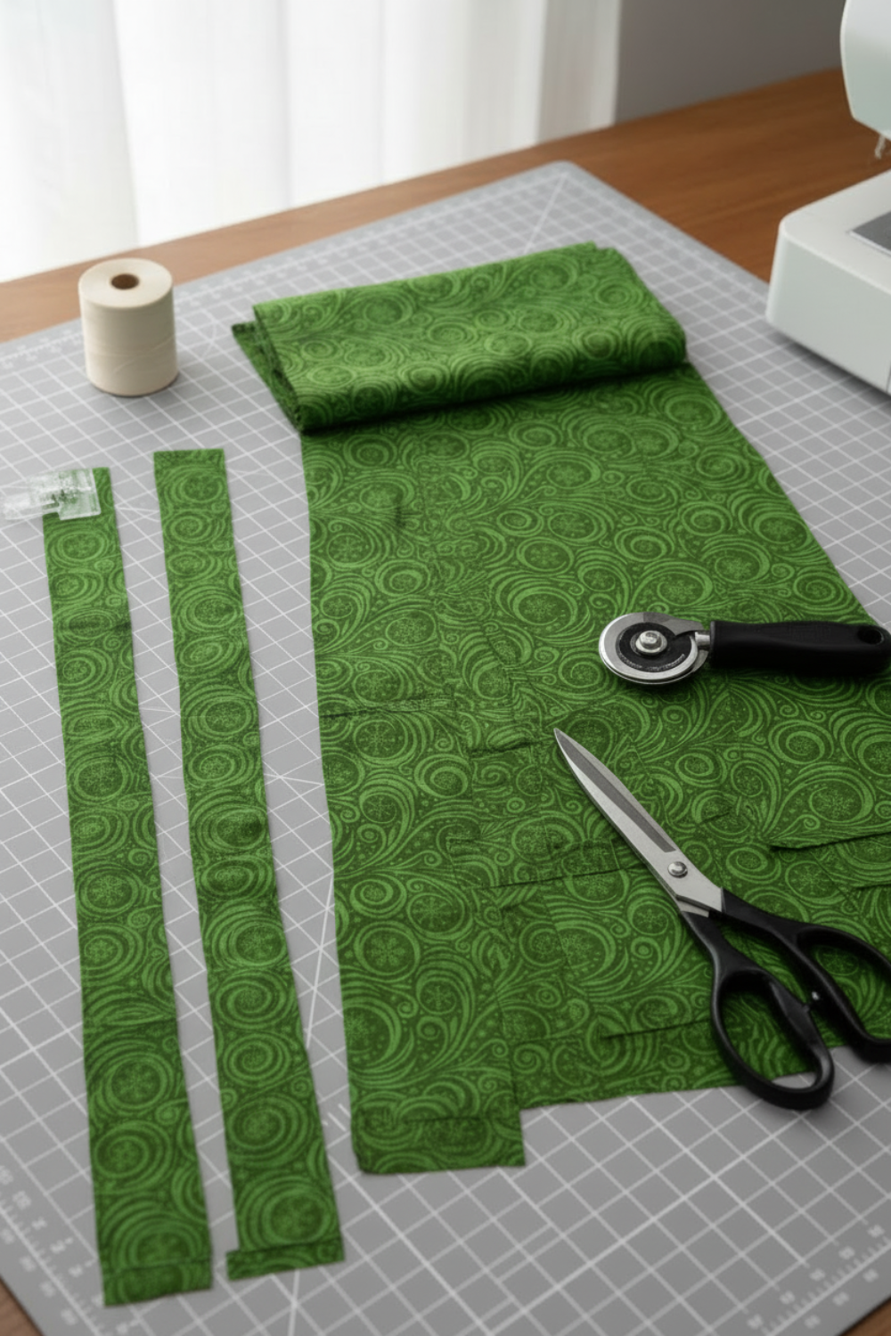 Winter Solstice II Green Snow Swirl quilting cotton on bolt with pleated folds – lifestyle shot for quilters