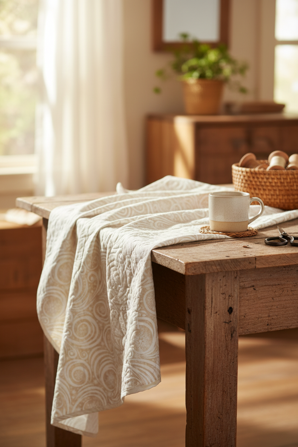 Winter Solstice II Cream Snow Swirl quilting cotton on bolt with pleated folds – lifestyle shot for quilters