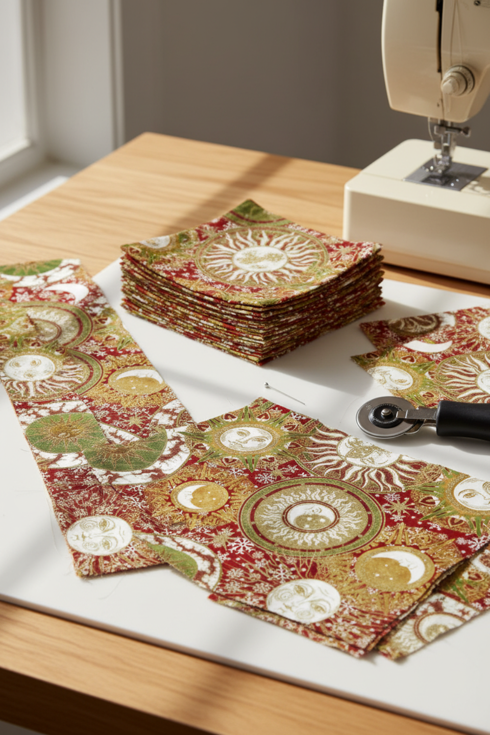 Winter Solstice II Multi Celestial Metallic quilting cotton styled with quilting notions – winter sewing inspiration