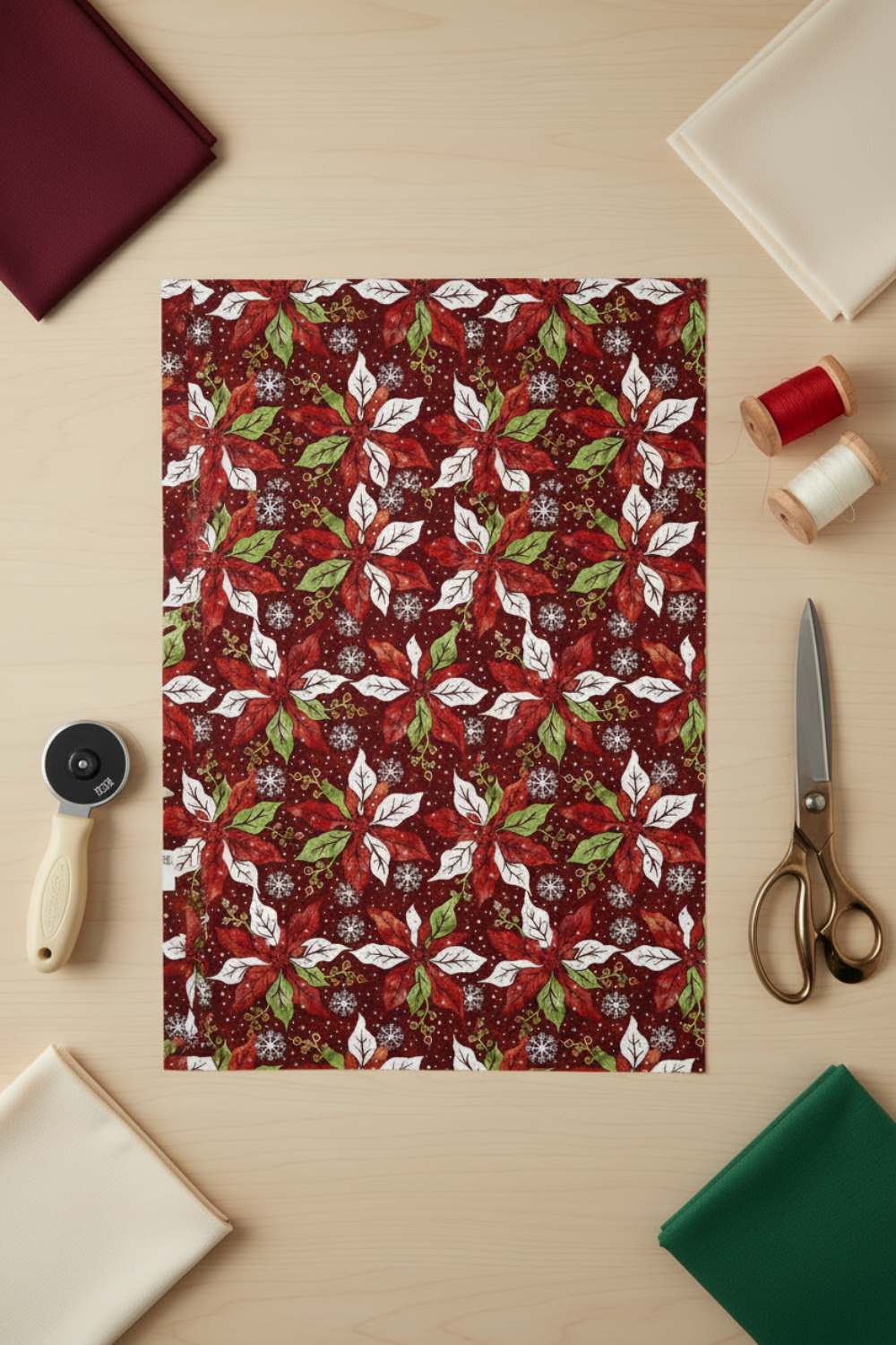 Winter Solstice II Red Poinsettia Metallic quilting cotton styled with quilting notions – winter sewing inspiration