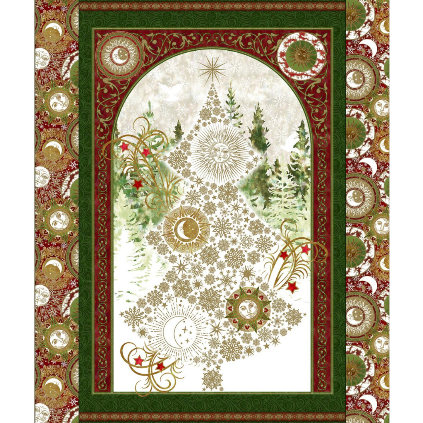 Winter Solstice II Metallic Quilt Panel 36" by Jason Yenter – full panel view showing winter scene with deer and metallic accents