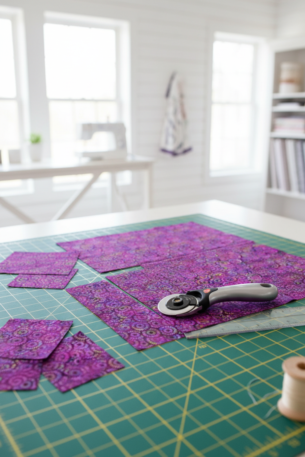 Vertical view of Halcyon II Purple Wheels quilting cotton - geometric wheel pattern ideal for contemporary quilts and borders