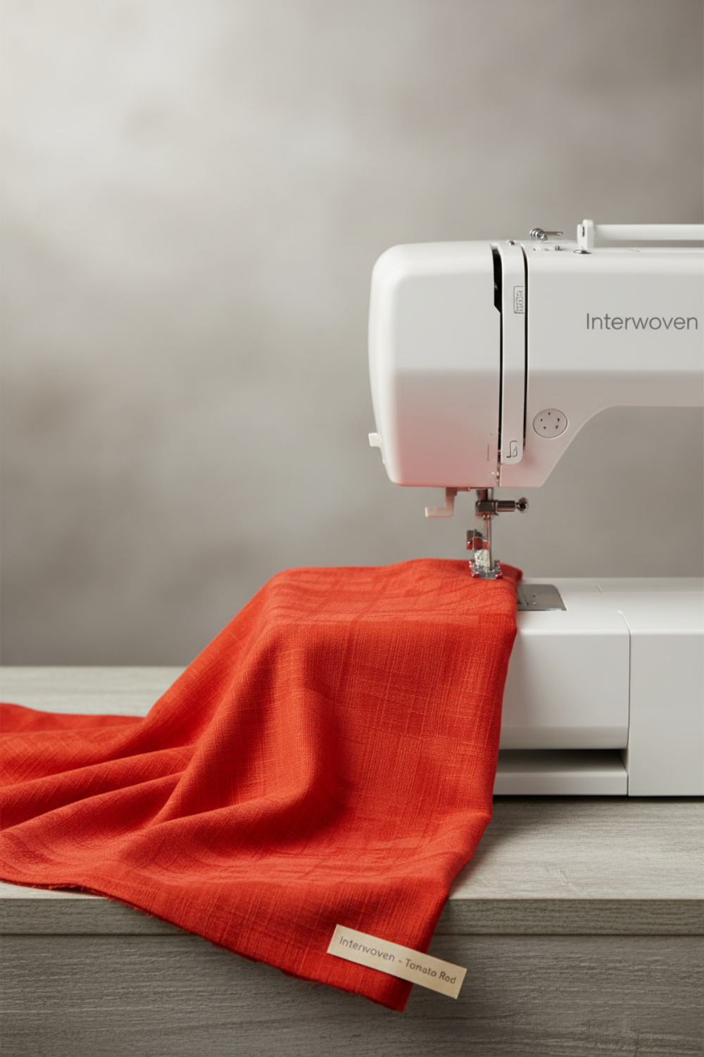 Interwoven Tomato quilting cotton fabric from the Interwoven collection, vibrant tomato red geometric draped beside sewing machine to show soft drape and scale
