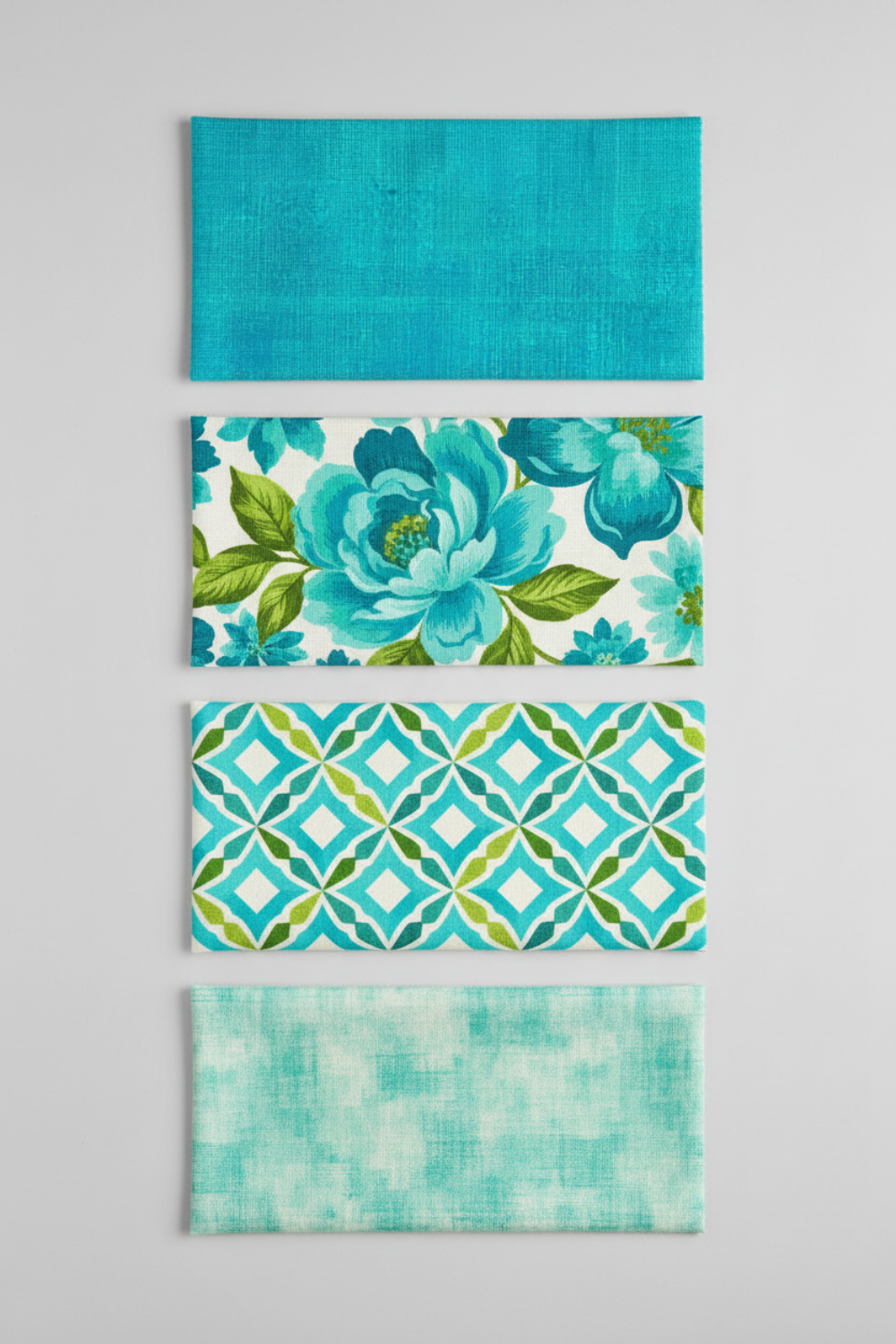 Interwoven Turquoise quilting cotton with three coordinating fabrics lifestyle photo showing color palette and design inspiration
