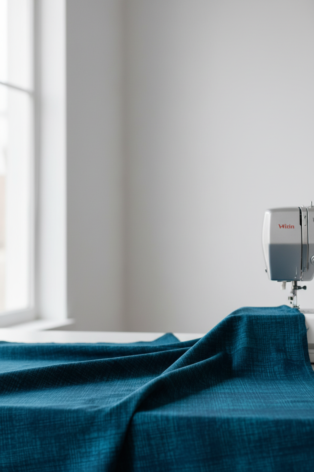 Interwoven Dark Teal quilting cotton lifestyle photo showing draped fabric on table surface with sewing machine nearby