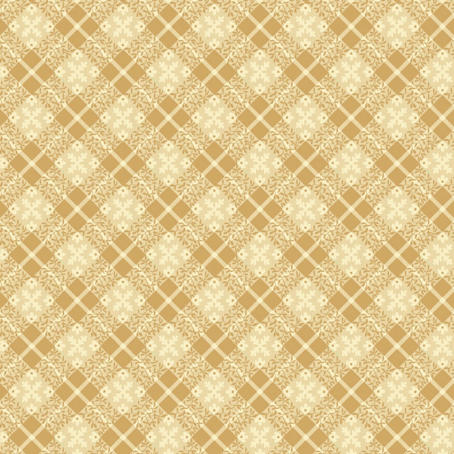 Golden Era by Paula Barnes, Floral Plaid Tan quilting cotton for Marcus Fabrics — flat lay showing warm tan-gold ground with diagonal lattice grid and delicate cream floral wreath motifs in each diamond cell, 100% cotton 43–44" wide