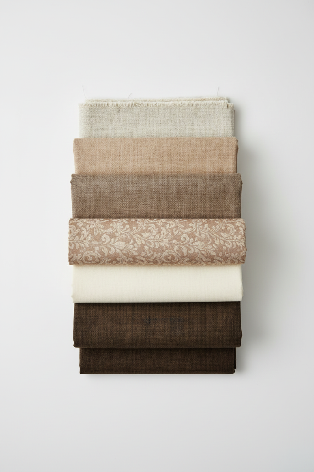 Interwoven Espresso by Jason Yenter – Pinterest fabric coordination stack of 6 complementary fabrics including Interwoven Espresso, stacked vertically on light grey background