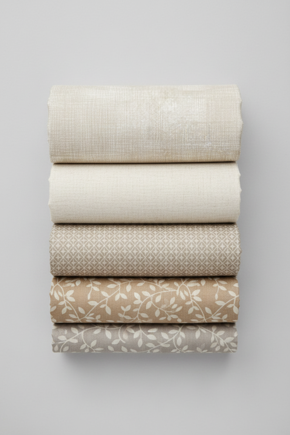 Interwoven Taupe by Jason Yenter – Pinterest fabric coordination stack of 5 complementary fabrics on light grey background