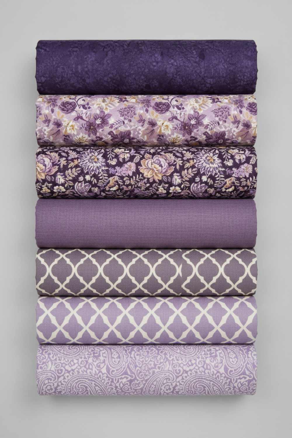 Expressions Batiks Hand-Dyed Dark Purple – Pinterest coordination stack with 7 complementary fabrics arranged vertically on light grey background