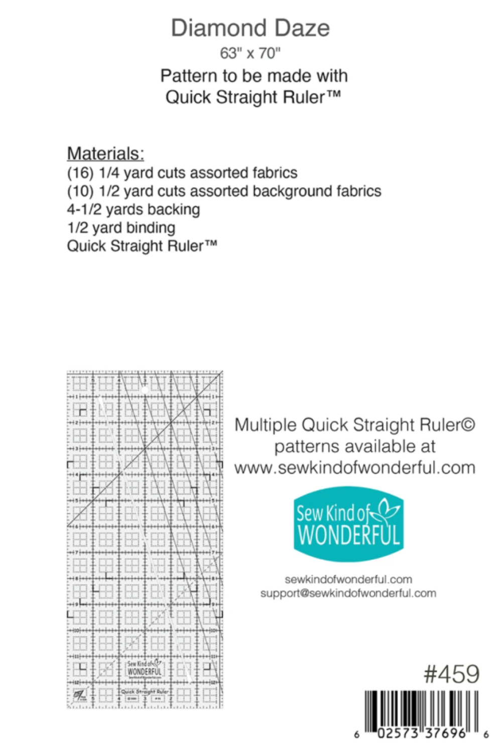 Back cover of the Diamond Daze quilt pattern showing the finished size, fabric requirements, materials list, and Quick Straight Ruler information by Sew Kind of Wonderful.