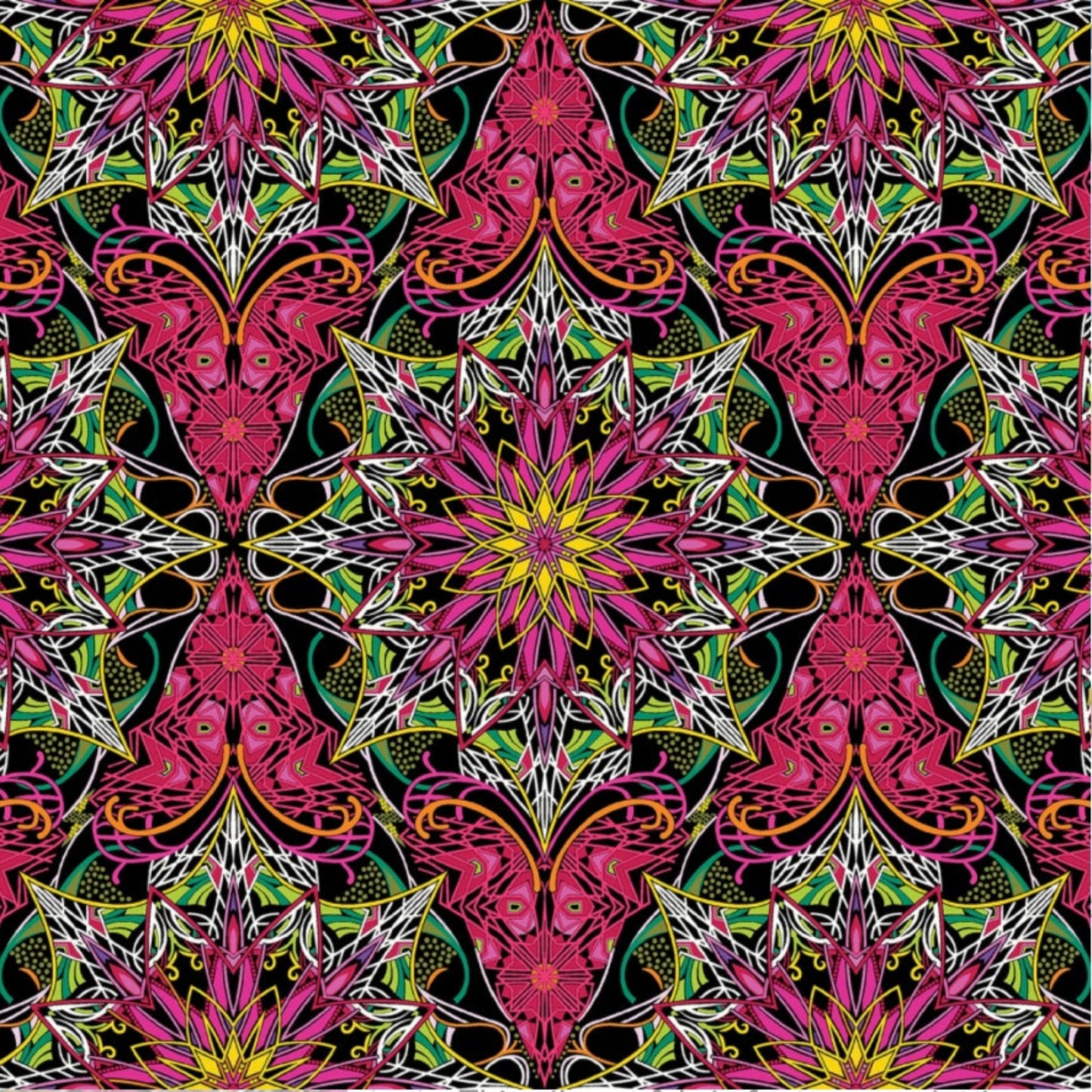 Needle Stars Byzantium Red/Multi quilting fabric by Paula Nadelstern for Benartex — bold kaleidoscopic mandala star print in magenta, teal, yellow-green, and orange on black, 100% cotton