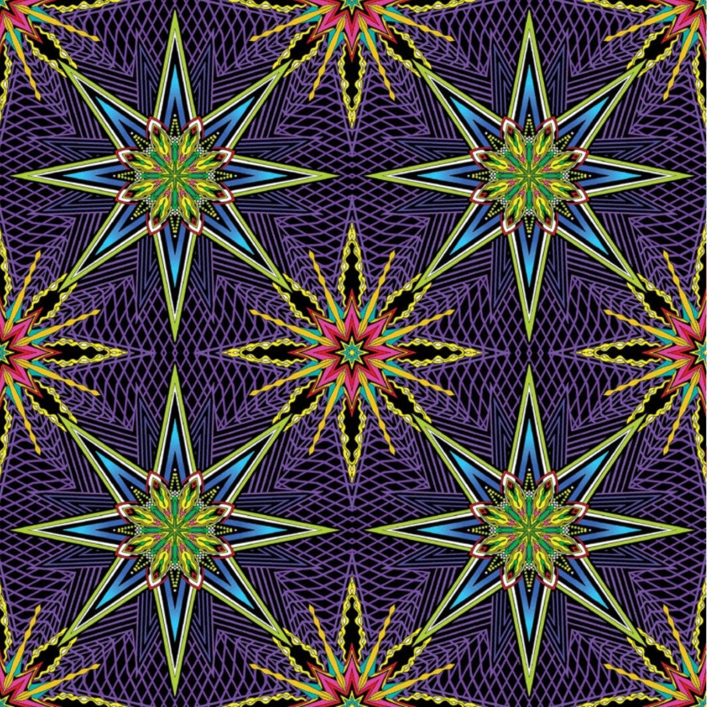 What If Radio Star Purple/Multi quilting fabric by Paula Nadelstern for Benartex, kaleidoscopic starburst print in deep purple, sky blue, chartreuse, and magenta, 100% cotton